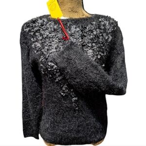 NWT Ruby Rd. Black Flower Cascade Slightly Sparkling Black Sweater In Size PL